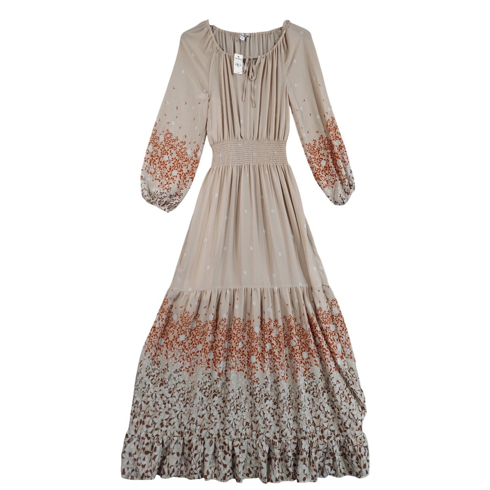 Express Maxi Dress Women Small Beige Floral Polka Dot Smocked Boho 07854671